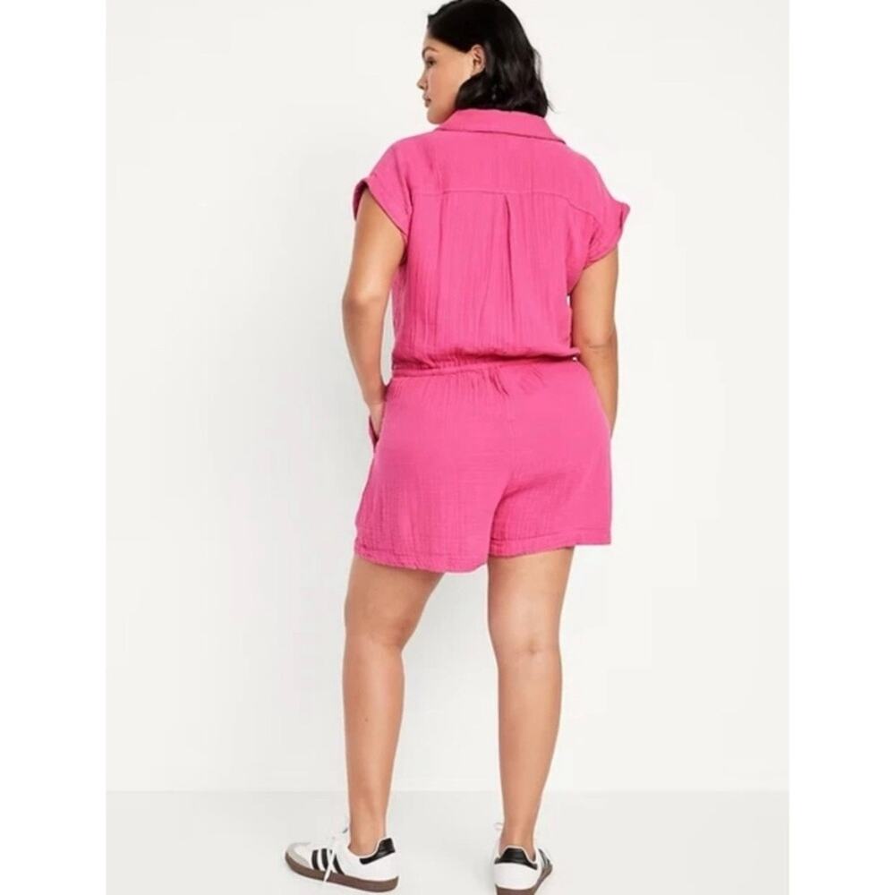 Old Navy XXL Bright Pink 100% Cotton Gauze Button-Up Collared Romper NWT - Picture 5 of 10